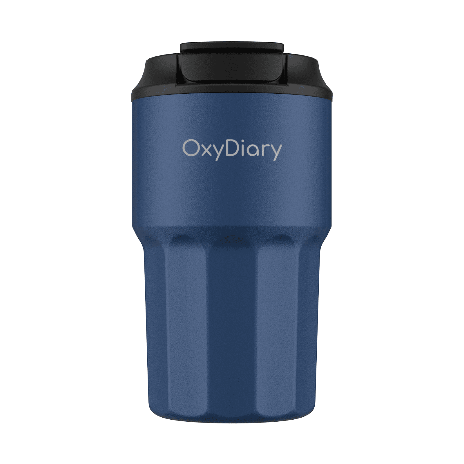Blue OxyDiary coffee cup with black lid