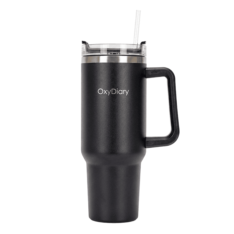 Blue OxyDiary tumbler with handle and straw