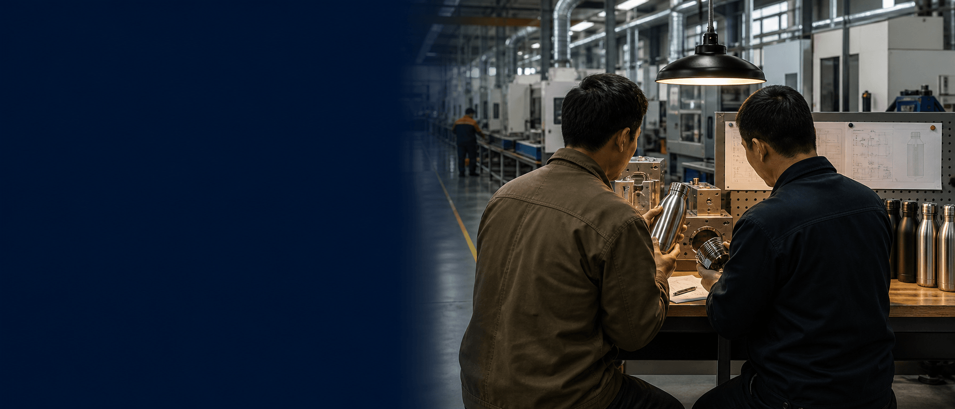 Manufacturing engineers reviewing a stainless steel bottle and tooling in a modern drinkware factory