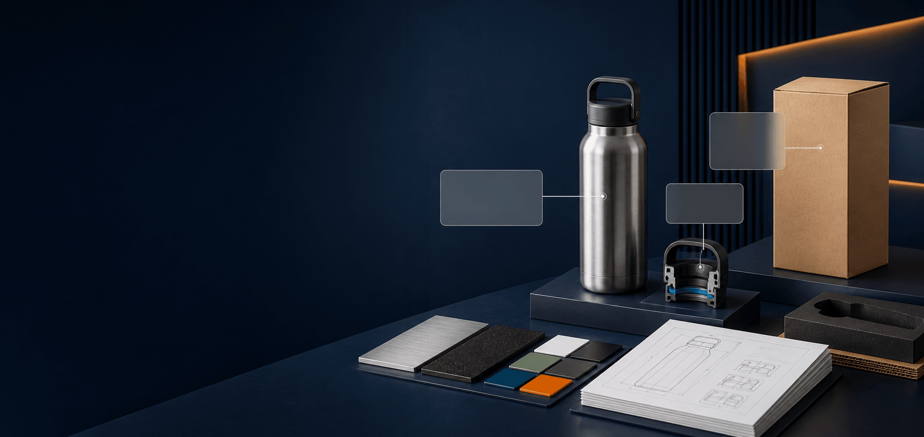 Drinkware product, lid structure, material samples, technical documents, and packaging organized to answer buyer questions