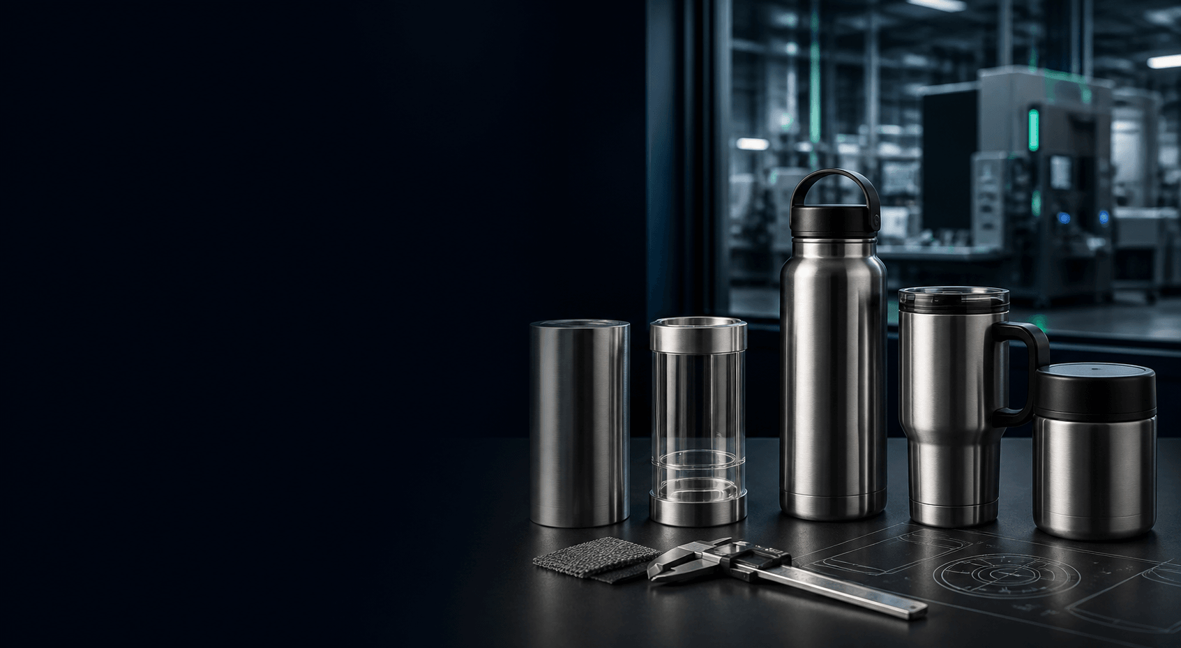 Custom stainless steel drinkware prototypes progressing from material samples to finished bottles and tumblers
